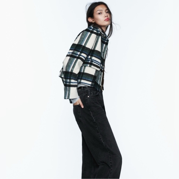 New Zara Plaid Patch Pocket Ecru/Green Shacket Jacket NWT - Picture 3 of 11